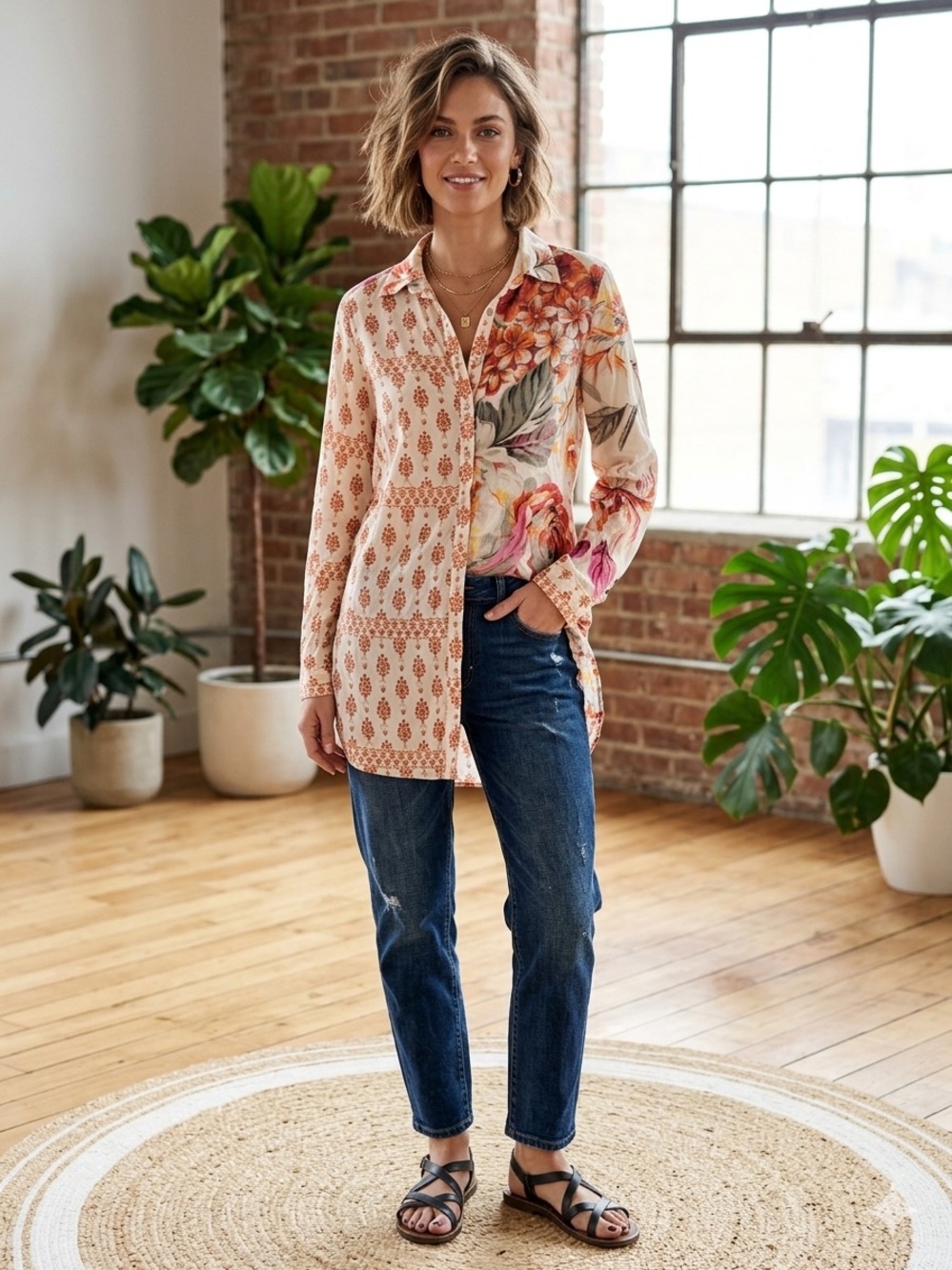 Maaji Mixed Floral & Geo Button-Down Shirt — White, Coral, Green, Yellow